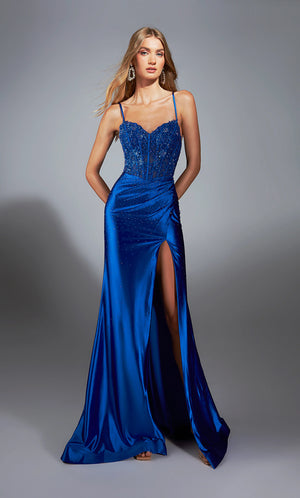 The statement dress of the season style 61827 by&nbsp;Alyce&nbsp;will have everyone doing a double take. The sweetheart neckline is combined with a a corset lace up back embellished with lace applique and adorned beautifully in meticulously placed glistening hot stones that sparsely cascaded down the fitted satin skirt for the perfect amount of illumination to your photos.