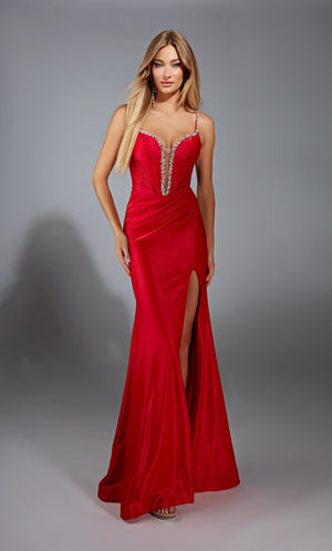 The classy long gown style 61830 by Alyce Paris is the perfect&nbsp;prom&nbsp;choice. Featuring a fitted corset lace bodice detailed with a plunging v neckline delicately adorned with glistening beadwork along the trim of the dip and cascades up the neckline into the spaghetti straps. Made from a jersey material that will hug and flatter the body effortlessly.