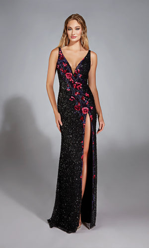 Have heads turning as you enter wearing the remarkable long style 61841 by Alyce Paris. The v neckline is complimented with a matching low cut back and an alluring thigh high slit. Glistening beadwork decorates the entire gown and displaying floral detailing that starts a along the strap and diagonally cascaded down the trim of the slit.