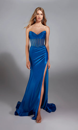 Strike a pose when wearing this beautiful long fitted dress from Alyce Paris style 61882. Consists of a soft V-neckine and see through lace up back corset bodice. The bodice is adorned in by sparkling bead work and exposed boning. Transitions into a jersey material fitted skirt with a side high thigh slit.