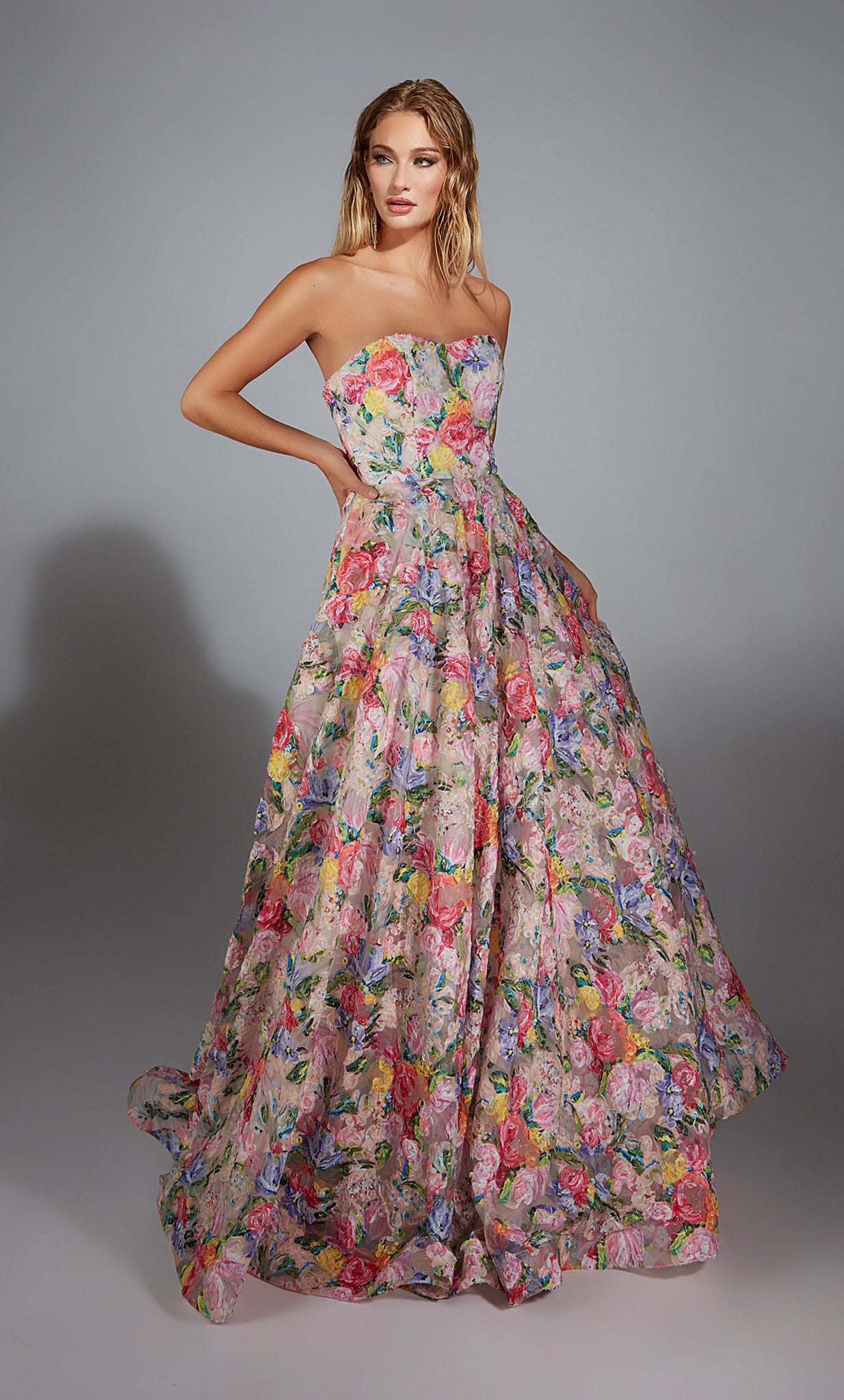 Make a lasting impression in this gorgeous fashion forward long dress by Alyce Paris style 61913. The floral inspired lace material makes this dress a one of a kind. The strapless sweetheart neckline has the ball gown skirt flow effortlessly from you waist.