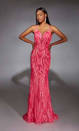 Have all jaws drop as you enter the room wearing this glamorous long dress by Alyce Paris, style 61930. Showcasing a beautiful v neckline with straps that lead to an open back. The gorgeous beaded sequins pattern is extremely flattering and goes all the way to the hem of the dress.