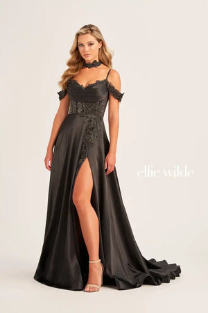 Have all eyes on you when you wear this dress style EW35029 by Ellie Wilde. This A-line dress comes in black and red. This dress features a gorgeous detachable lace off the shoulder and a flattering sweetheart neckline. This satin dress is completed with a fabulous slit, sweep train, lace choker and pockets!