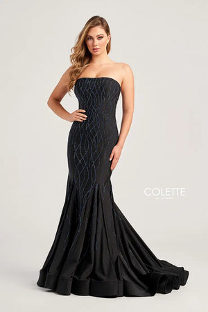 Flaunt your figure with this remarkable design by Colette CL5106. Designed with jersey fabric, this masterpiece mesmerizes in a strapless neckline with a formfitting bodice paired with a corset lace up back and rushing detail throughout the back zipper. The gown is detailed with beaded pattern throughout the entire dress and is completed with a stunning mermaid skirt and a sweeping train.