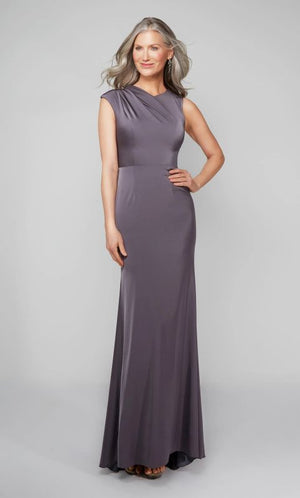 This Alyce Paris Jean De Lys 27598 graphite evening gown is styled in luxe faille, featuring a slightly draped bodice with a high neckline and cap sleeve. This column silhouette formal dress is finished with contouring seams and a brush train.