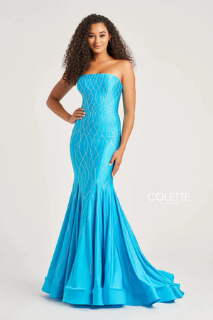 Flaunt your figure with this remarkable design by Colette CL5106. Designed with jersey fabric, this masterpiece mesmerizes in a strapless neckline with a formfitting bodice paired with a corset lace up back and rushing detail throughout the back zipper. The gown is detailed with beaded pattern throughout the entire dress and is completed with a stunning mermaid skirt and a sweeping train.