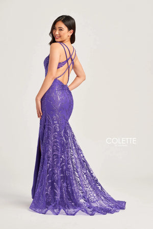 Make an entrance when you walk in wearing this ravishing Colette dress for your special event. This fitted silhouette CL5113 showcases a flattering v neckline with a corset top accentuating your waist beautifully. The skirt features a high slit and sweep train that will have you shining from every angle.