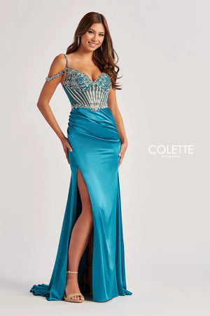 Have all eyes on you in Colette dress CL8460 that will be perfect for your special event. This classy and elegant dress showcases a v neckline with off the shoulder straps. The beaded corset bodice adds the perfect amount of sparkles. The fitted stretch satin skirt showcases a thigh high slit and sweep train.