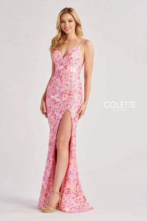 Strike a pose in this fabulous long dress by Colette, style CL8465. Featuring a fitted silhouette with a modest v neckline that has delicate straps that lead to a gorgeous open back. This number is fully adorned with glistening sequins and dazzling beadwork thats sewn in an intricate pattern. A thigh high slit is the perfect final touch.