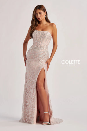 Have all eyes on you when wearing this phenomenal long dress by Colette, style CL8595. Showcasing a strapless modern neckline that comes with detachable straps leading to a sexy open corset lace up back that will hug your waist beautifully. Adorned with dazzling beadwork. The bottom is made out of stretchy lining lace material. Fully embellished with glistening sequins throughout the ensemble. For the perfect final touch it has a classy slit and a gorgeous train.