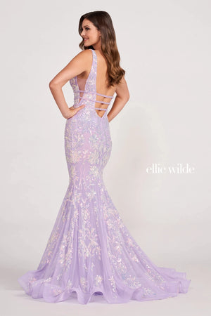 Leave an everlasting impression wearing the astonishing mermaid style EW34041 by Ellie Wilde. Featuring the fitted bodice complimented with three beaded bands going across the waist and connect along the open back. Headlining the intricate novelty made pattern to have you glistening and catching the attention off all.