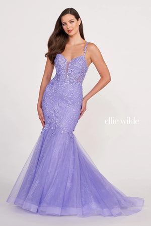 Win best dressed with this astonishing long style EW34085 by Ellie Wilde. Having a flattering neckline complimented with a corset bodice detailed with embroidery all along the hugging silhouette for a delicate appearance. Showcasing the stunning tulle skirt with a sweep train to follow you perfectly all night long.