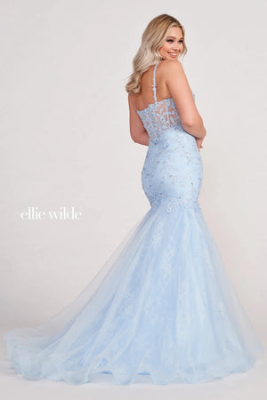 Win best dressed with this astonishing long style EW34085 by Ellie Wilde. Having a flattering neckline complimented with a corset bodice detailed with embroidery all along the hugging silhouette for a delicate appearance. Showcasing the stunning tulle skirt with a sweep train to follow you perfectly all night long.