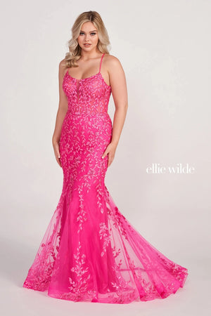 Be the center of attention with the bold colors tat come with this astonishing long style EW34090 by Ellie Wilde. Featuring the illusion bodice impressively adorned with embroidery lined with sequin and trickles down the entire silhouette and falls to the very trim of the sweep train to have you illuminating perfectly in every photo.