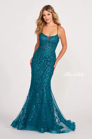 Be the center of attention with the bold colors tat come with this astonishing long style EW34090 by Ellie Wilde. Featuring the illusion bodice impressively adorned with embroidery lined with sequin and trickles down the entire silhouette and falls to the very trim of the sweep train to have you illuminating perfectly in every photo.