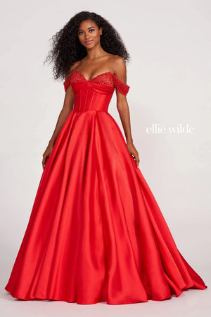 Elegant and classy ball gown dress EW34118 by Ellie Wilde is the perfect dress for your occasion. This alluring dress consists of an on trend corset bodice with an off the shoulder sweetheart neckline that features glistening beads that transition onto the off the shoulder cap sleeves. The voluminous mikado skirt features pockets and is made from layers of tulle and topped with a sleek shining mikado fabric.