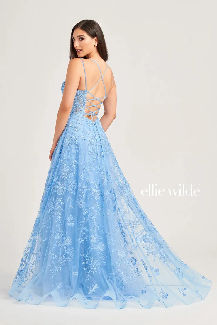 Feel like a modern day princess in this enchanting long dress by Ellie Wilde, style EW35012. Featuring an a-line silhouette with a scoop neckline that has beaded delicate straps that lead to a corset lace up back. This ensemble is fully adorned with gorgeous applique, fabulous embroidery and glistening beadwork.