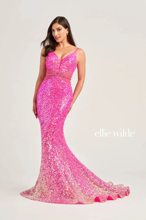 There are many ways to sparkle, and this fully beaded Ellie Wilde prom dress EW35044 is one of them! The fitted silhouette will hug your curves and features a plunging V-neckline supported by dainty straps that reveal a mock V-cut open back while sheer details and beadwork on the midriff accentuate the small of your waist. This dress is completed with a glistening sweep train.