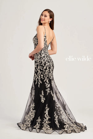 Red carpet ready, this phenomenal Ellie Wilde fit and flare gown EW35071 will awe the crowd. Showcasing a low v neckline, the fitted silhouette hugs your curves highlighting your hourglass figure. Glamorous shimmering appliques adorn the entire ensemble illustrating an opulent embellishment that is simply impeccable. Picture perfect, the elegant sweep train makes for an grand exit.