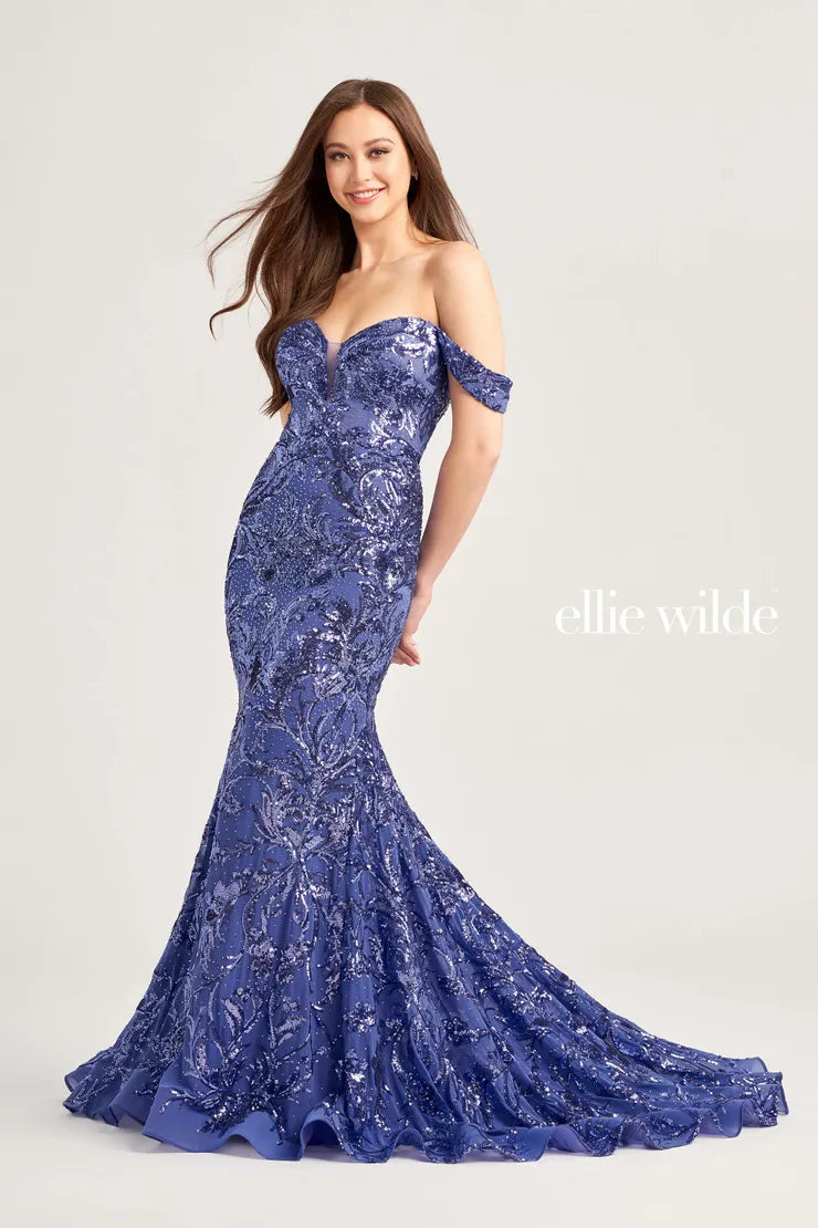 Sophisticated and elegant, this sensational Ellie Wilde dress EW35094 will captivate all in sight. This fully embroidered gown showcases a regal sweetheart neckline and off the shoulder cap sleeves and separate dainty spaghetti straps. This fit and flare silhouette will give you that flattering hourglass shape, and shimmering sequins will have you shinning from every angle.