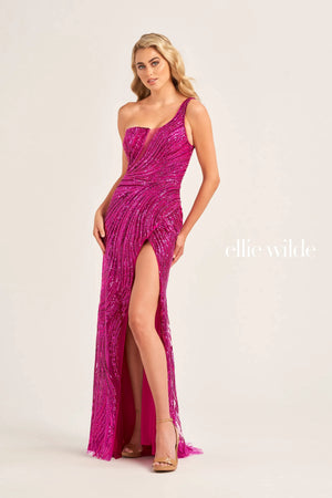 Strike a pose in this fierce and fabulous fully beaded Ellie Wilde prom dress EW35096. The fitted dress features an asymmetrical single shoulder neckline with a sheer cutout that travels down the bodice. Show off your heels with a classic thigh high slit paired with a sweep train while glistening beads and sequins create whimsical patterns throughout the entire dress.