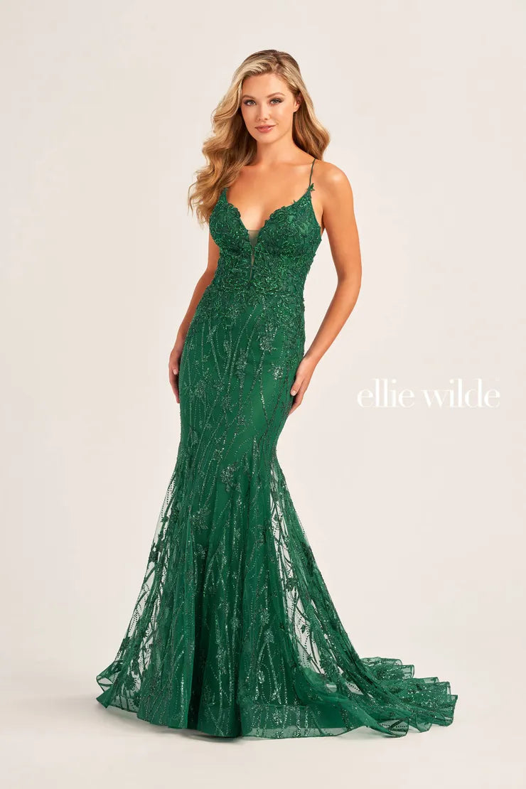 Look ready to walk the runway in this glamorous long fitted gown by Ellie Wilde EW35104. Featuring a classy v cut neckline with thin spaghetti straps that create an open lace up corset back. This fitted silhouette is perfect to flatter your figure and show off your curves. Adorned entirely in a shimmering sequins to have you shimmering at every angle and every picture.