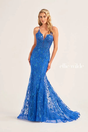 Look ready to walk the runway in this glamorous long fitted gown by Ellie Wilde EW35104. Featuring a classy v cut neckline with thin spaghetti straps that create an open lace up corset back. This fitted silhouette is perfect to flatter your figure and show off your curves. Adorned entirely in a shimmering sequins to have you shimmering at every angle and every picture.