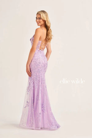 Strike a pose in this sensational Ellie Wilde gown EW35110. Amp the drama in this ravishing fitted style that features a low v neckline and dainty thin straps that highlight a lace up closure. Lustrous lace appliques adorn the entire silhouette illustrating an elaborate floral embellishment that will dazzle the crowd. Made in a fabulous tulle fabric, the detachable overlay train makes for a memorable exit.