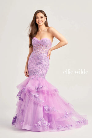 Look as sophisticated as ever in this sophisticated long mermaid dress EW35239 designed by Ellie Wilde. The corset bodice features a sweetheart neckline with separate spaghetti straps and is entirely adorned in ornate beadwork and embroidery for a radiant shine. The glittering tulle mermaid sweep train has a ravishing horsehair hem and floral appliques adorn the hems of each ruffled layer.
