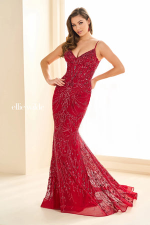 Light up the room when wearing this long dress by Ellie Wilde, style EW36020. Showcasing a plunging v- neckline with delicate thing straps leading to corset lace up back that will hug your bodice gorgeously, ending with a back zipper closure. Fully embellished with dazzling beadwork patterns, glistening sequins and floral embroidery designs throughout the ensemble. To amp up the drama it has a beautiful see through train that will have all eyes on you.