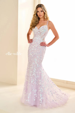 Stand out at your special event wearing Ellie Wilde EW36080 for your special event. This show stopping fitted silhouette showcases a modest v neckline with simple straps leading into a lace up open back for a perfect fit. Shine a;l night long with the all over unique lace embroidery and glitter tulle.