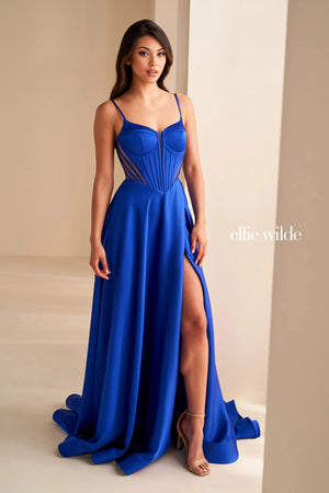 Feel like a diva when wearing this marvelous long dress from Ellie Wilde style EW36227. Showcasing a plunging scoop neckline with a mesh and thin straps. This number consists of a corset lace up back bodice with see through mesh side cut outs and a sext open back. It is made out of satin material and has side pockets that fulfills your diva look.