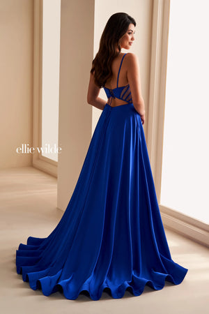 Feel like a diva when wearing this marvelous long dress from Ellie Wilde style EW36227. Showcasing a plunging scoop neckline with a mesh and thin straps. This number consists of a corset lace up back bodice with see through mesh side cut outs and a sext open back. It is made out of satin material and has side pockets that fulfills your diva look.