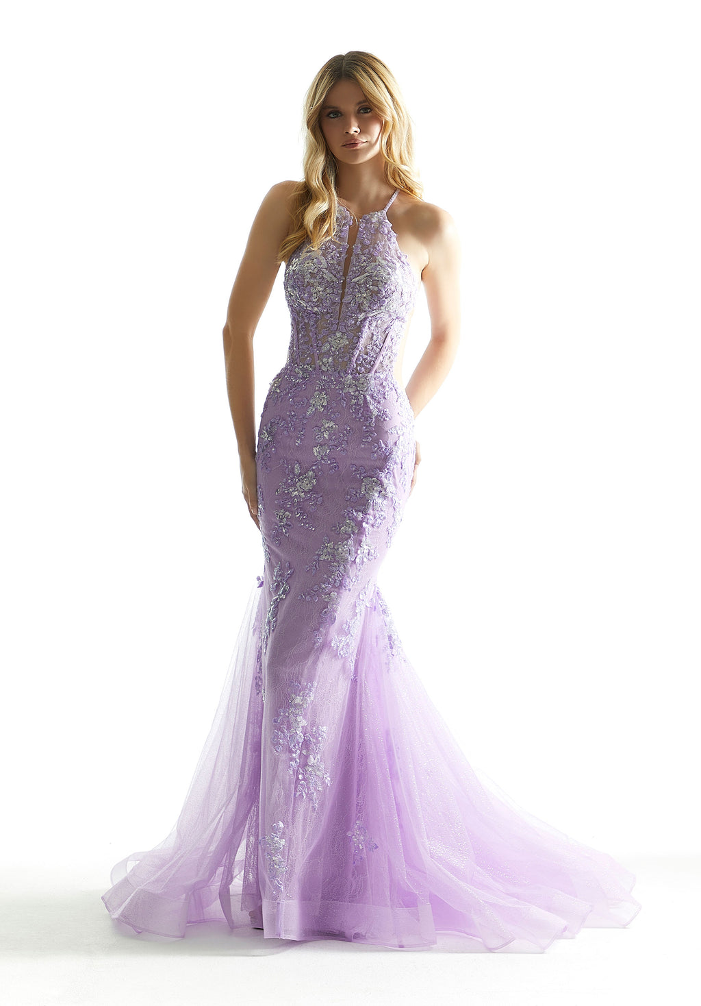 Red carpet ready, this astonishing mermaid Morilee gown 49073 will mesmerize all in sight. Showcasing a sophisticated high halter neckline, sheer midriff panels accentuate your figure beautifully. Flattering on all the lace up closure defines your figure, highlighting your hourglass silhouette. Gleaming beaded appliques adorn the entire silhouette giving this gown the perfect pop of glitz.