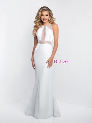It is a fitted style with illusion detailing on the bodice for a sexy look. An accentuating waistline is followed with a fitted silhouette to show off your natural curves. Completed with an elegant sweep train in the back.  Sizes: 4-20  Available in Rose Gold, Sapphire, White  If we do not have your desired size or color in stock please call or email us for availability!