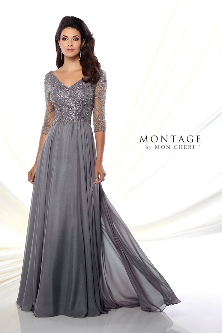 Diamond chiffon A-line gown with hand-beaded three-quarter length sleeves, front and back V-necklines, bodice encrusted with beading, flyaway skirt with sweep train.  Sizes: 4 - 20,16W - 26W  Available in Eggshell, Gray/Heather, Light Periwinkle, Navy Blue, Rosewood, Wine  If we do not have your desired size or color in stock please call or email us for availability!