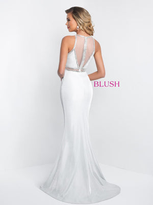 It is a fitted style with illusion detailing on the bodice for a sexy look. An accentuating waistline is followed with a fitted silhouette to show off your natural curves. Completed with an elegant sweep train in the back.  Sizes: 4-20  Available in Rose Gold, Sapphire, White  If we do not have your desired size or color in stock please call or email us for availability!