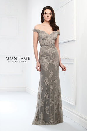A look that will never go out of style, this opulent off-the-shoulder allover lace fit and flare gown with scattered hot stones features a dipped neckline with eyelash trim, a hand-beaded natural waistline, and a sweep train.  Sizes: 4-20  Available in English Rose, Gray, Navy  If we do not have your desired size or color in stock please call or email us for availability!