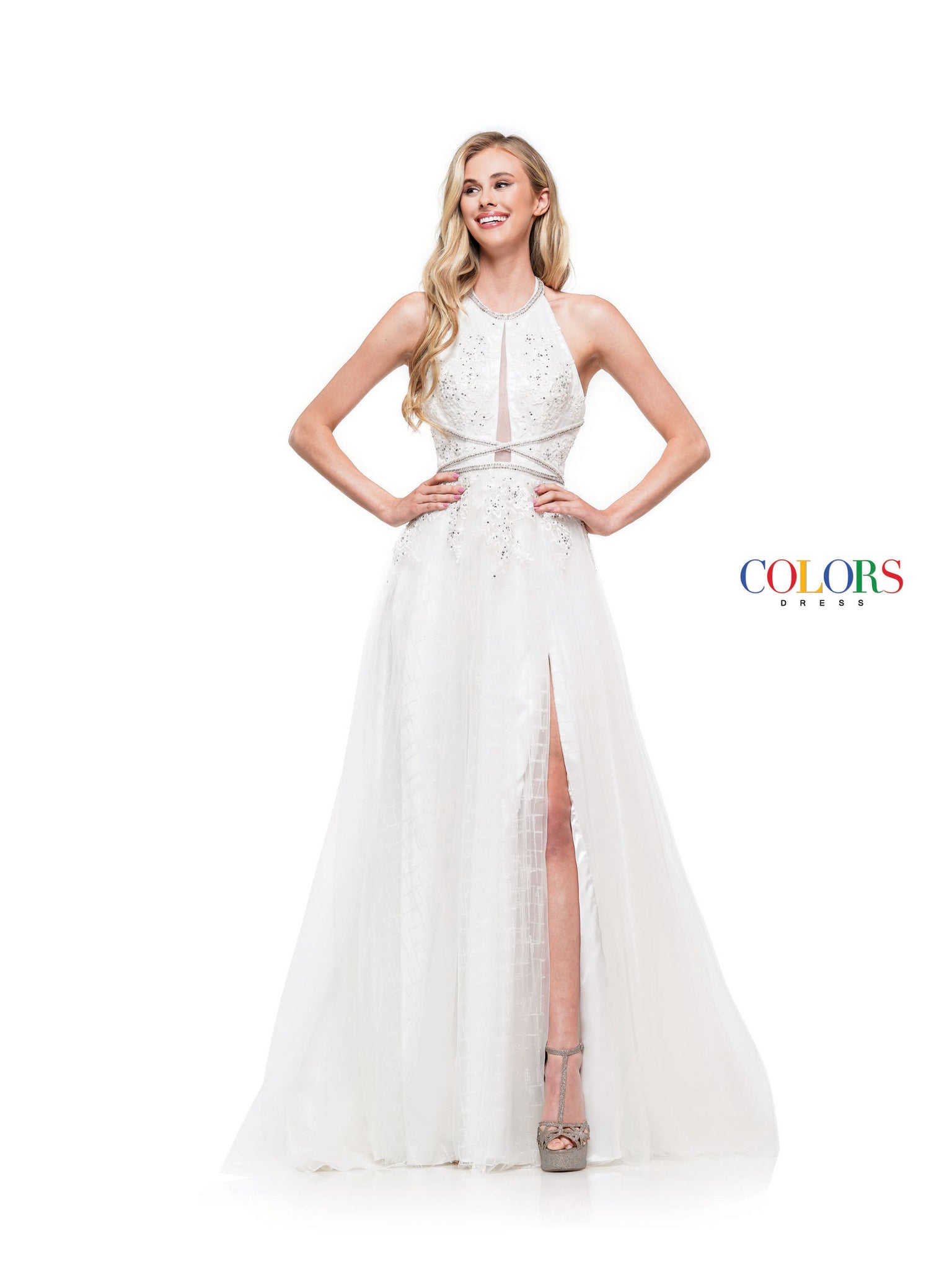 High halter neck sequin A-line dress with lace applique and stone tape band on waist & neck.  Sizes: 00-24  Available in White, Rose Gold, Navy  If we do not have your desired size or color in stock please call or email us for availability!