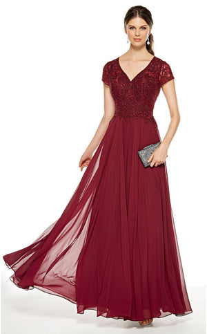 Formal wear, long, chiffon, V-neck, flowy, enclosed back, embellished lace top, short sleeves.  Sizes: 2-24  Available in Burgundy, Navy, Cashmere Rose  If we do not have your desired size or color in stock please call or email us for availability!