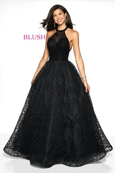 Novelty organza ballgown in a floral pattern that features beaded embellishments and a halter neckline.  Sizes: 0-24  Available in Cream/Champagne, Black  If we do not have your desired size or color in stock please call or email us for availability!