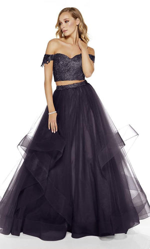 Formal Wear, Long, Tulle/Embroidery Lace, Off The Shoulder, Ballgown, 2-Piece, Enclosed Back, Beaded Top And Waist, Layered Skirt.  Sizes: 000-18  Available in Midnight, Cashmere Rose, Red  If we do not have your desired size or color in stock please call or email us for availability!
