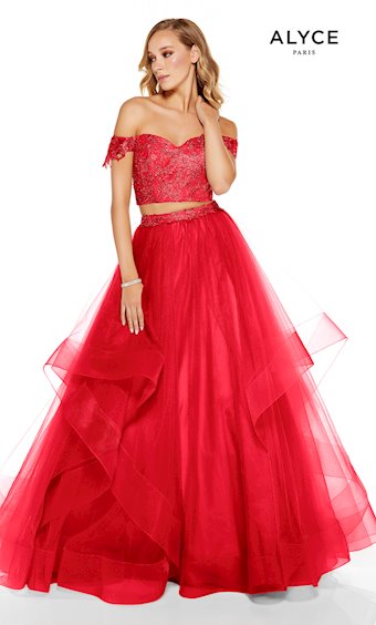 Formal Wear, Long, Tulle/Embroidery Lace, Off The Shoulder, Ballgown, 2-Piece, Enclosed Back, Beaded Top And Waist, Layered Skirt.  Sizes: 000-18  Available in Midnight, Cashmere Rose, Red  If we do not have your desired size or color in stock please call or email us for availability!