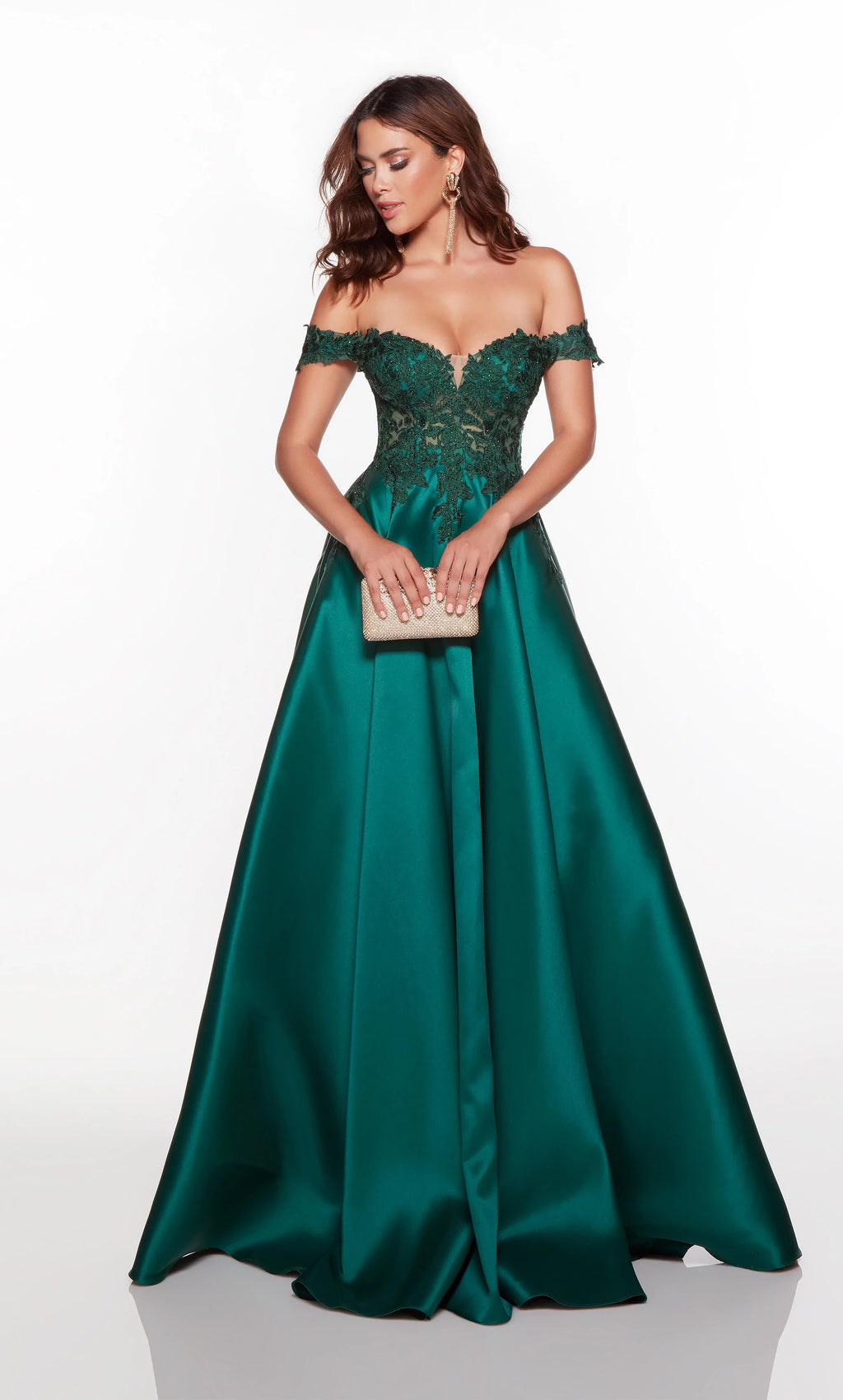 Style 61324 from Alyce Paris is a lovely A-line Mikado gown with a sheer embroidered bodice featuring off the shoulder straps. Show off your fabulous sense of style when you wear this gorgeous gown to prom this year!