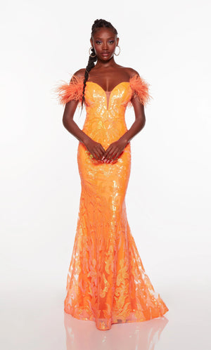 This Alyce Paris 61331 bright orange long party dress features a plunging off-the-shoulder neckline and a laced-up back, edged with ostrich feather sleeves. This slim-flare prom gown is crafted in patterned sequin mesh over a solid lining, and finishes in a horsehair hem.