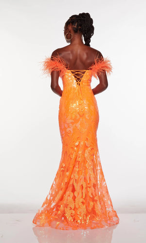 This Alyce Paris 61331 bright orange long party dress features a plunging off-the-shoulder neckline and a laced-up back, edged with ostrich feather sleeves. This slim-flare prom gown is crafted in patterned sequin mesh over a solid lining, and finishes in a horsehair hem.