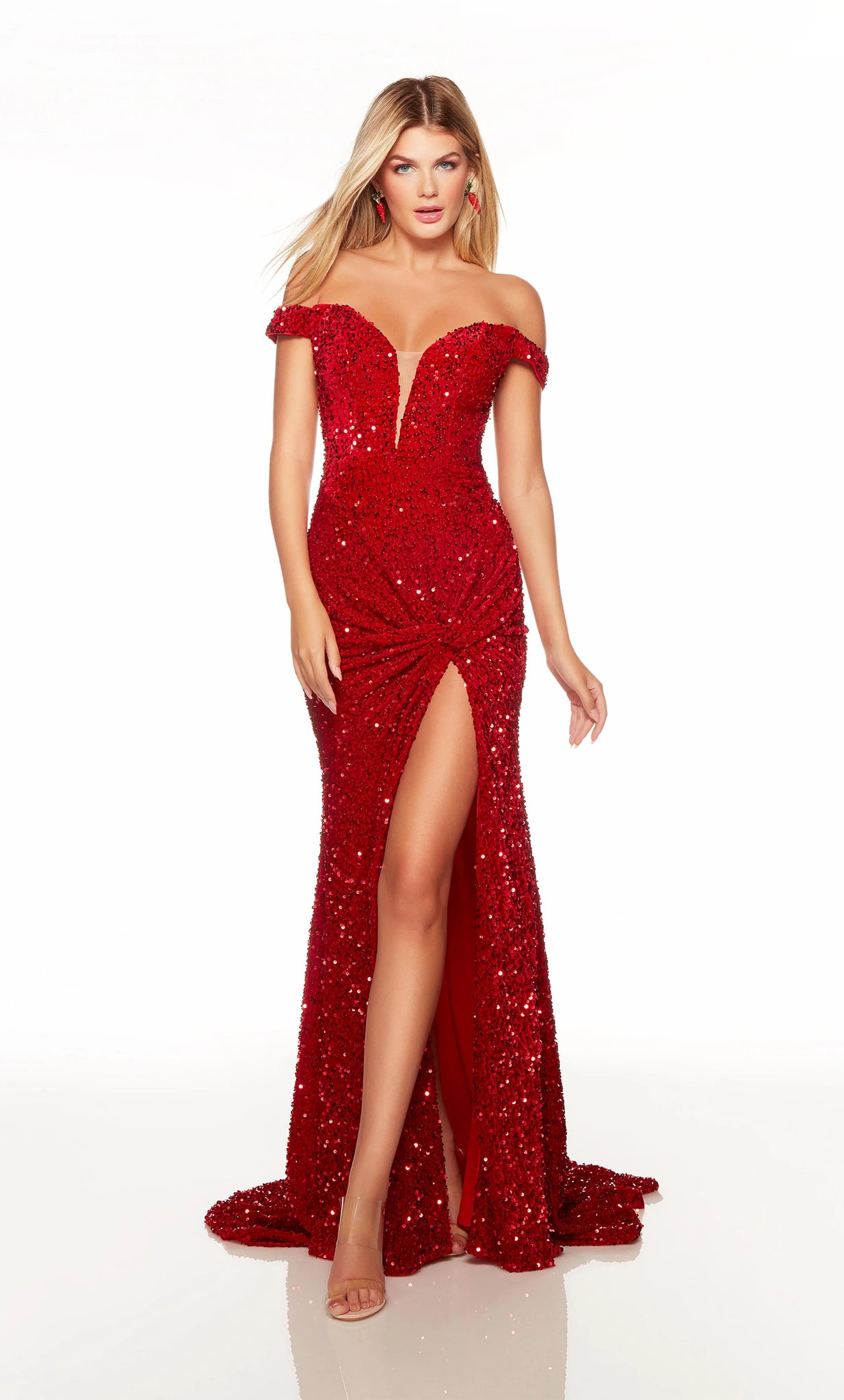 Formal Wear, Long, Plush Sequins, Cowl Neck, Straight, Strappy Back, Knotted Detail, Side Slit, Train