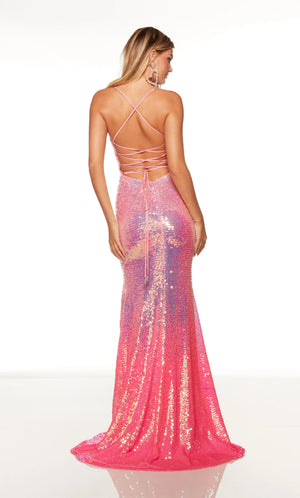 Shine differently from the rest in head turning dress 61353 by Alyce. Iridescent sequins have been sewn to perfection throughout the entire fitted silhouette to give you radiant shine as you strut revealing a classy thigh high slit and sweep train. Adjust the bodice to your liking with the adjustable lace up closure.