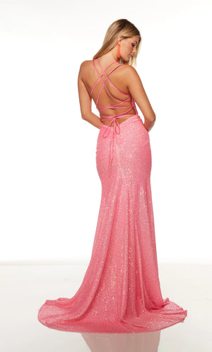 Be red carpet ready when wearing this stunning Alyce Paris dress 61362. Ravishing fitted dress features a sophisticated v neckline with double straps on both sides that crisscross along the back into a gorgeous corset lace up. Made entirely out of shimmering sequins, this captivating dress is complemented by a stunning thigh high slit.