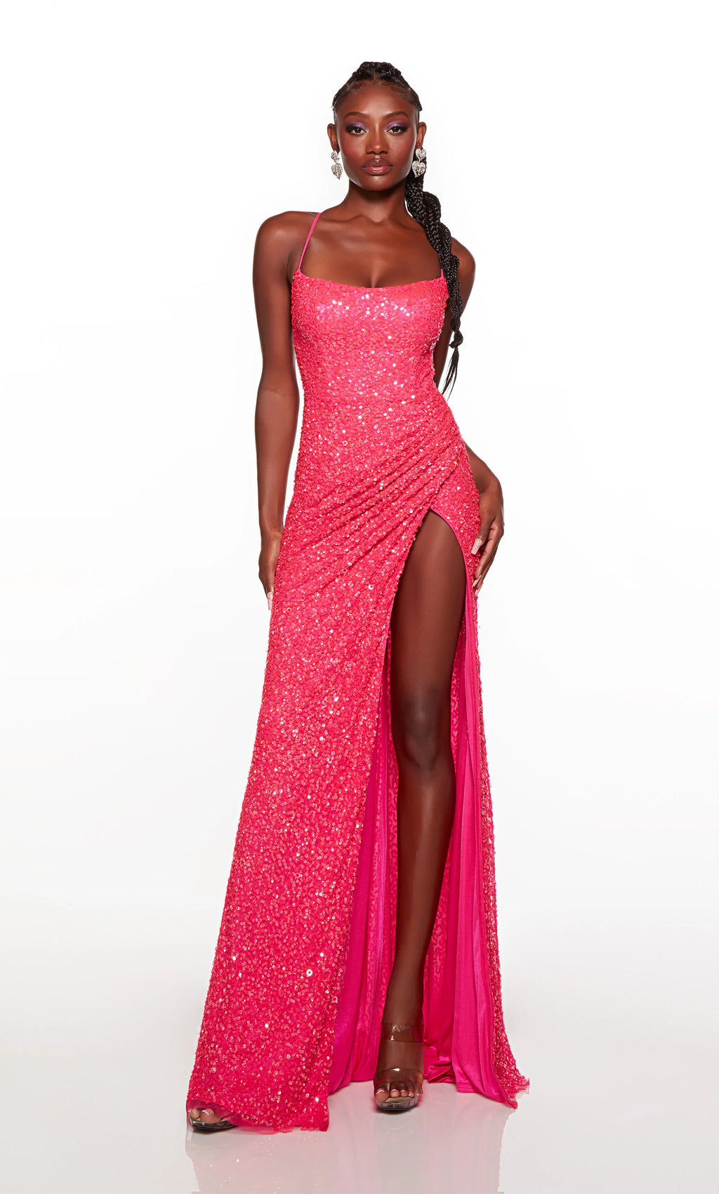 Be the talk of the night with this jaw dropping Alyce Paris dress 61364. Chic and stylish fitted dress displays a scoop neckline with adjustable straps that intersect along the back. Fitted bodice is beautifully accompanied by corset lace up back. Risque, thigh high slit is the perfect addition to this gorgeous dress.